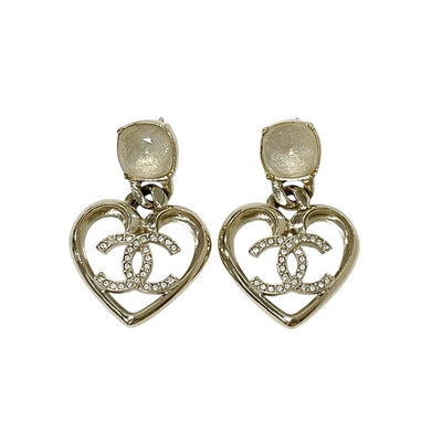 Chanel Earrings Gold Coco Mark Rhinestone Bijoux Heart