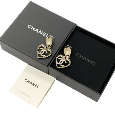 Chanel Earrings Gold Coco Mark Rhinestone Bijoux Heart