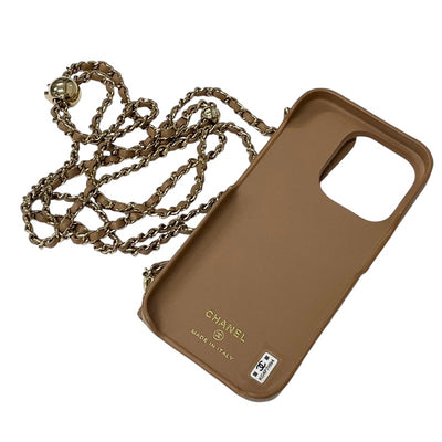 Chanel Mobile/Smartphone Accessories Beige Gold Coco Mark Matelasse iPhone14pro iPhone Case Smartphone Case Chain