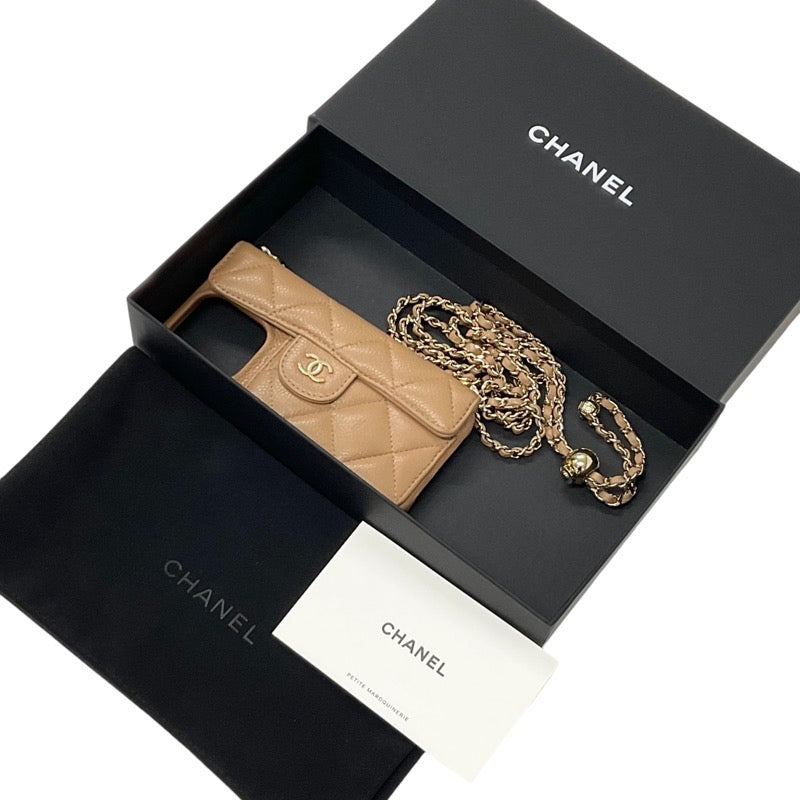 Chanel Mobile/Smartphone Accessories Beige Gold Coco Mark Matelasse iPhone14pro iPhone Case Smartphone Case Chain