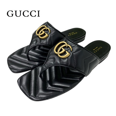 グッチ GUCCI サンダル 靴 シューズ レザー ブラック 黒 ゴールド 未使用 GGマーモント トングサンダル