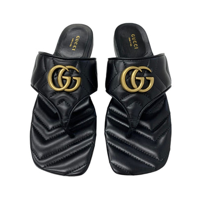 グッチ GUCCI サンダル 靴 シューズ レザー ブラック 黒 ゴールド 未使用 GGマーモント トングサンダル