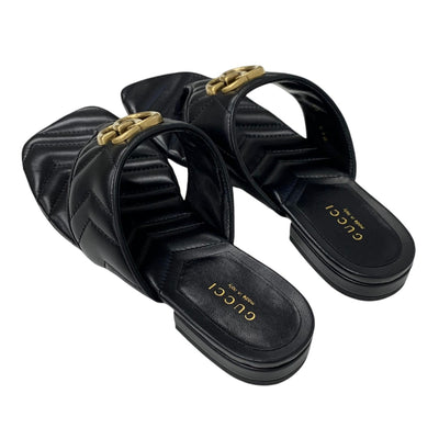グッチ GUCCI サンダル 靴 シューズ レザー ブラック 黒 ゴールド 未使用 GGマーモント トングサンダル