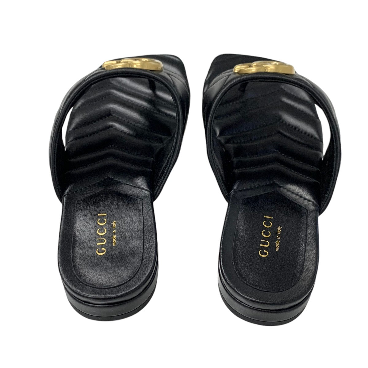 グッチ GUCCI サンダル 靴 シューズ レザー ブラック 黒 ゴールド 未使用 GGマーモント トングサンダル