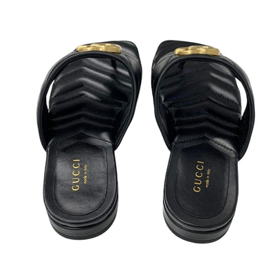 グッチ GUCCI サンダル 靴 シューズ レザー ブラック 黒 ゴールド 未使用 GGマーモント トングサンダル