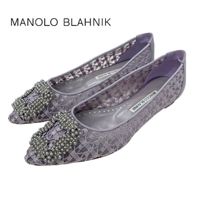 マノロブラニク MANOLO BLAHNIK ハンギシ フラットシューズ 靴 シューズ ファブリック サテン ライトパープル レース パール パーティーシューズ