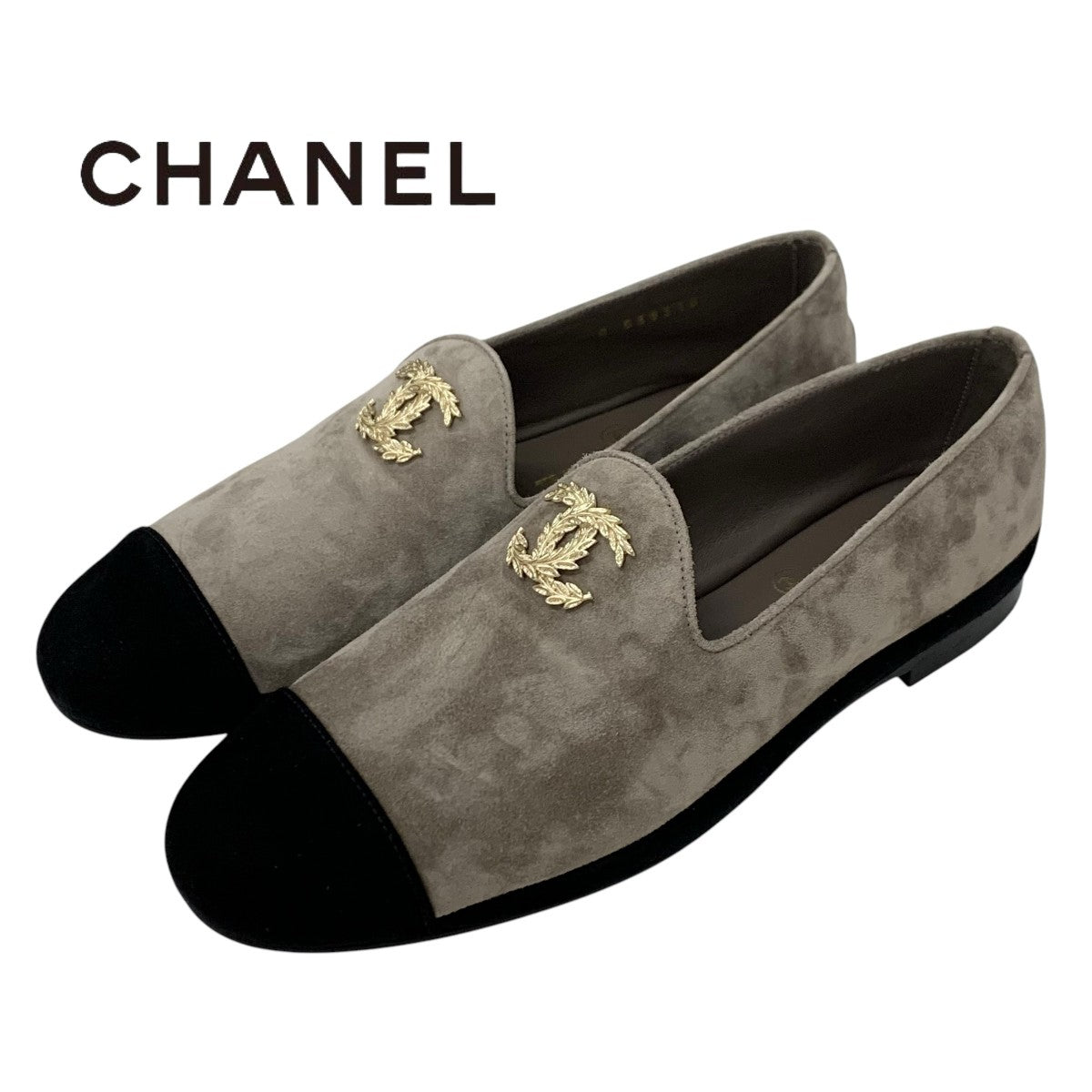 Chanel Flat Shoes Suede Grey Black Gold Coco Mark Loafers