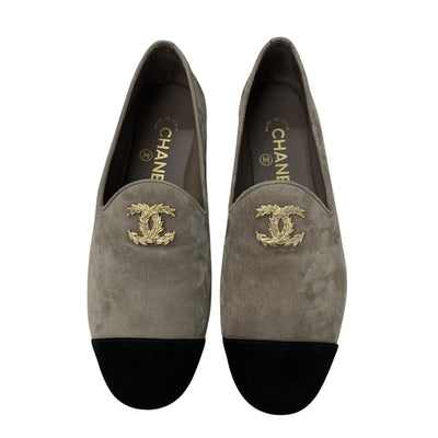 Chanel Flat Shoes Suede Grey Black Gold Coco Mark Loafers