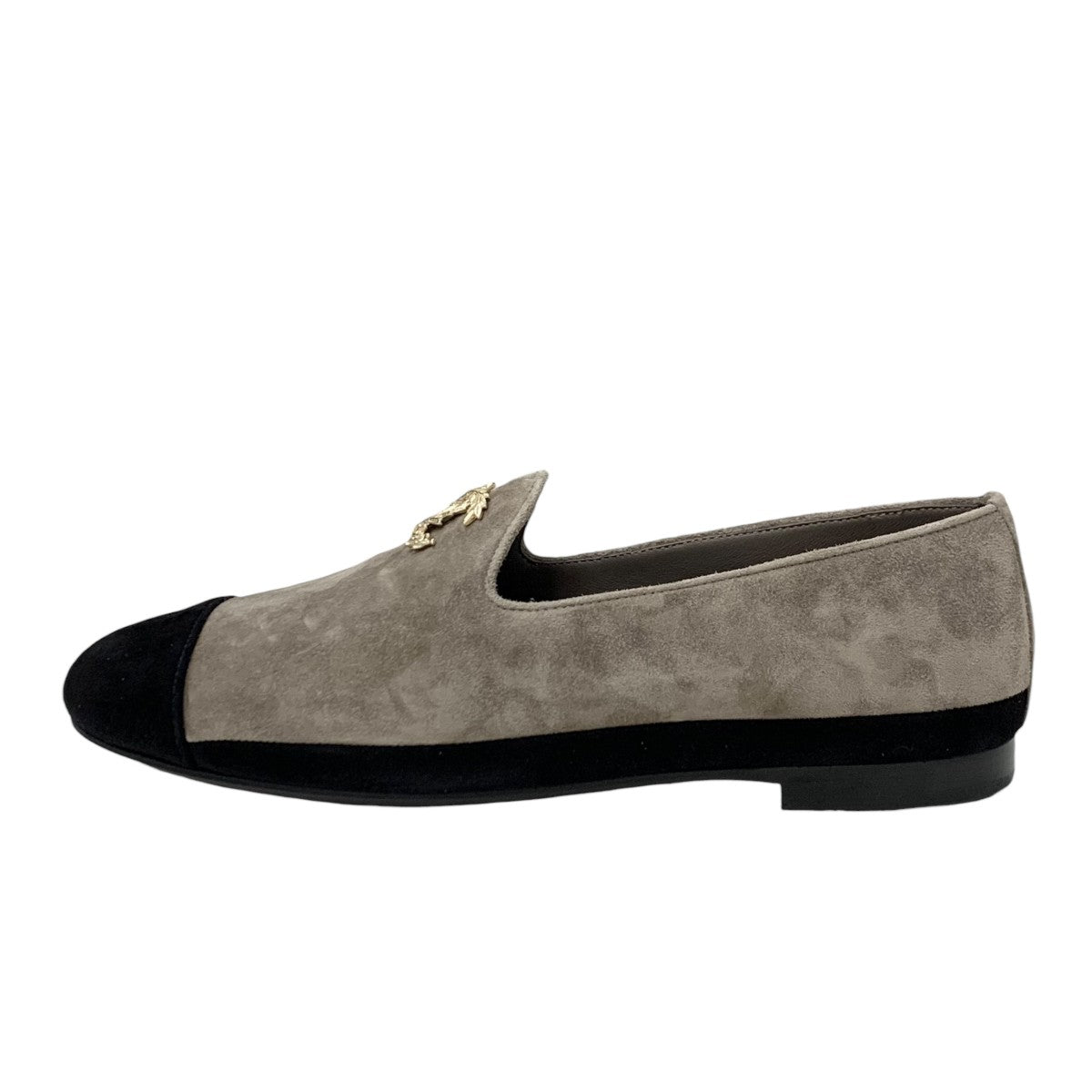 Chanel Flat Shoes Suede Grey Black Gold Coco Mark Loafers