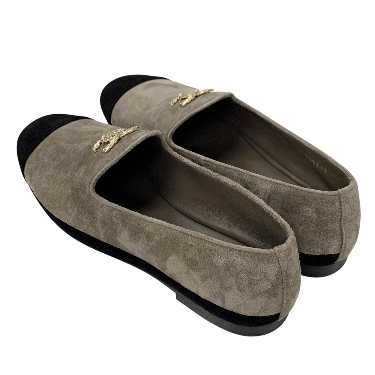 Chanel Flat Shoes Suede Grey Black Gold Coco Mark Loafers