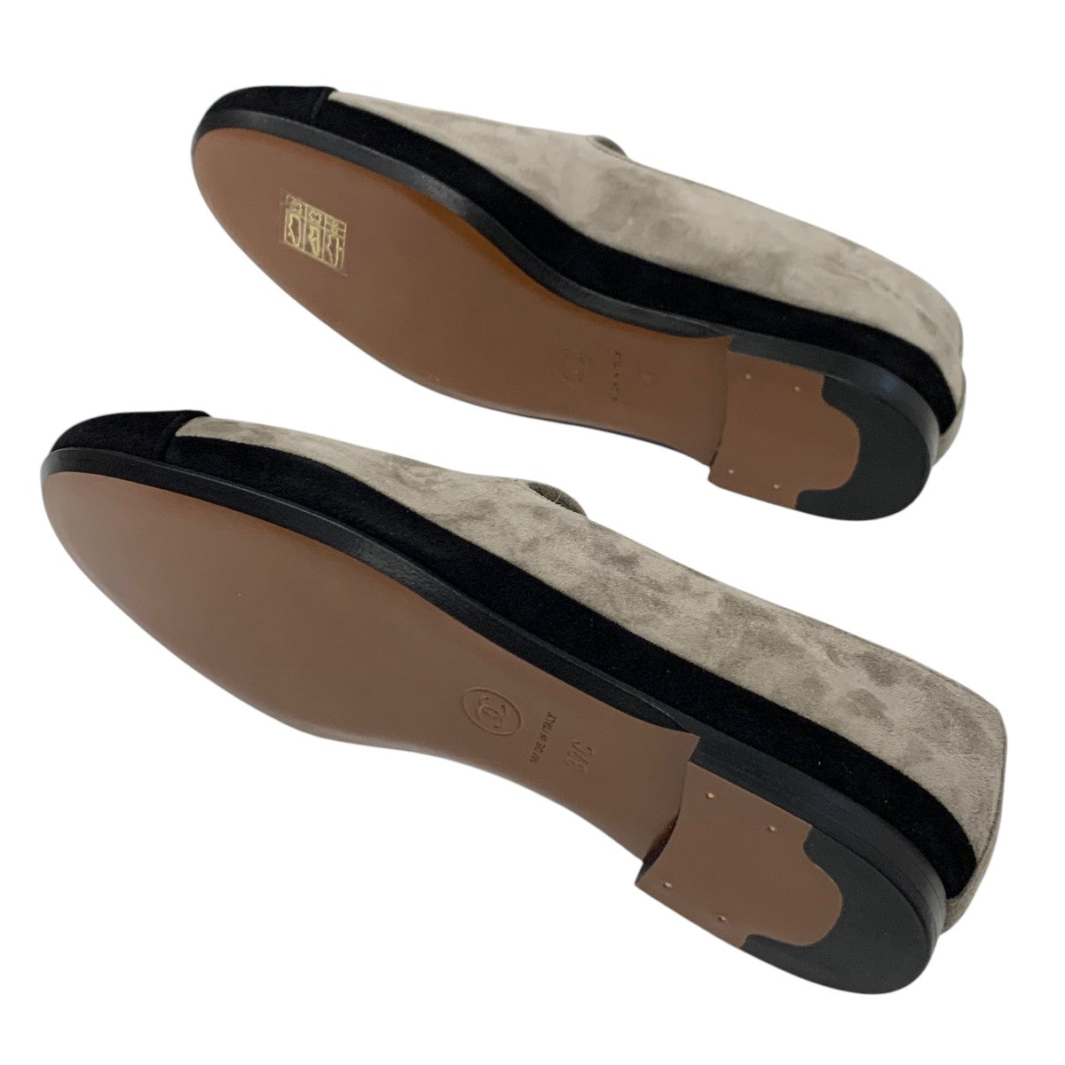 Chanel Flat Shoes Suede Grey Black Gold Coco Mark Loafers