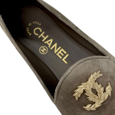 Chanel Flat Shoes Suede Grey Black Gold Coco Mark Loafers