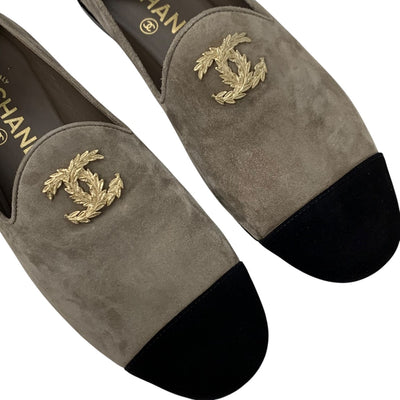 Chanel Flat Shoes Suede Grey Black Gold Coco Mark Loafers