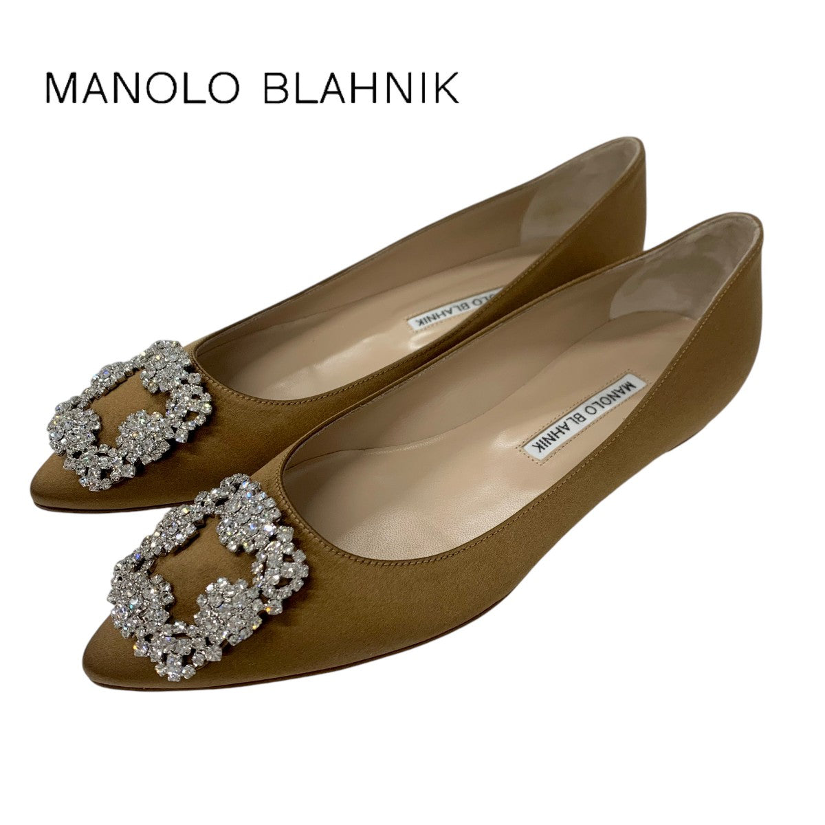 マノロブラニク MANOLO BLAHNIK ハンギシ フラットシューズ 靴 シューズ サテン ブラウン シルバー ビジュー パーティーシューズ