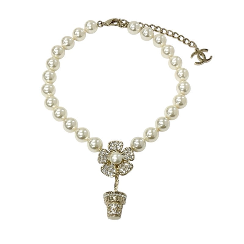 Chanel CHANEL necklace pendant choker gold crystal white coco mark rhinestone flower