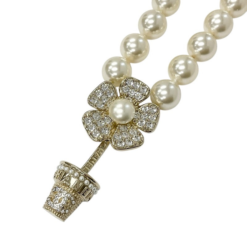 Chanel CHANEL necklace pendant choker gold crystal white coco mark rhinestone flower