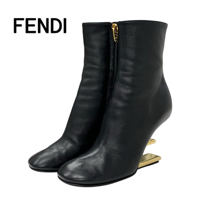 FENDI First Boots Short Boots Shoes Leather Black Gold F Logo