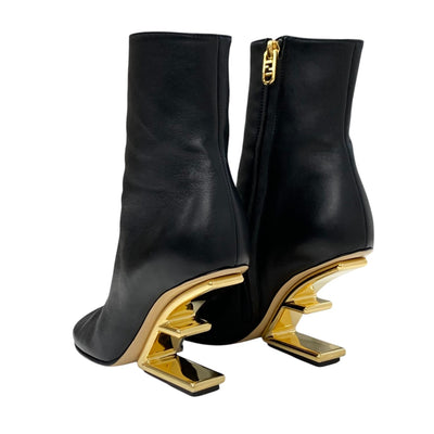 FENDI First Boots Short Boots Shoes Leather Black Gold F Logo