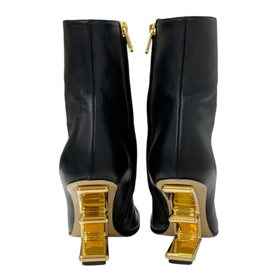 FENDI First Boots Short Boots Shoes Leather Black Gold F Logo