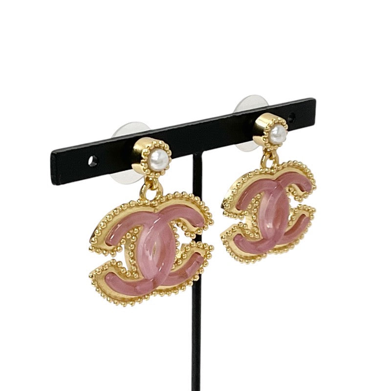 Chanel Earrings Gold Pink Coco Mark