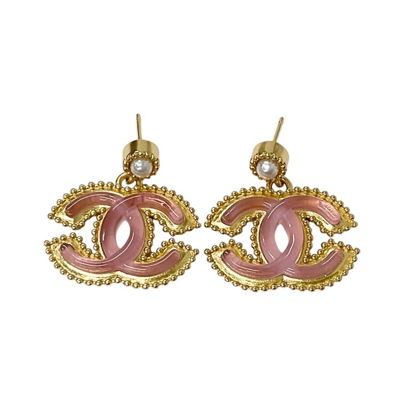 Chanel Earrings Gold Pink Coco Mark