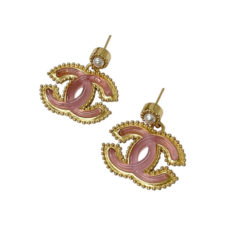 Chanel Earrings Gold Pink Coco Mark