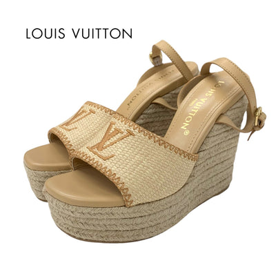 ルイヴィトン LOUIS VUITTON ヘリオスライン サンダル 靴 シューズ ラフィア レザー ベージュ 未使用 ロゴ ウエッジソール アンクルストラップ