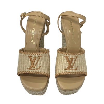 ルイヴィトン LOUIS VUITTON ヘリオスライン サンダル 靴 シューズ ラフィア レザー ベージュ 未使用 ロゴ ウエッジソール アンクルストラップ