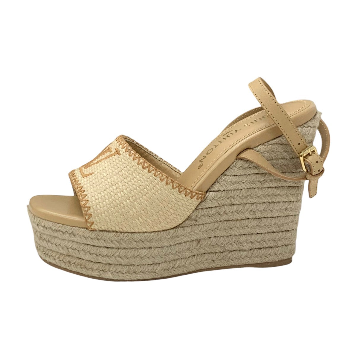 ルイヴィトン LOUIS VUITTON ヘリオスライン サンダル 靴 シューズ ラフィア レザー ベージュ 未使用 ロゴ ウエッジソール アンクルストラップ