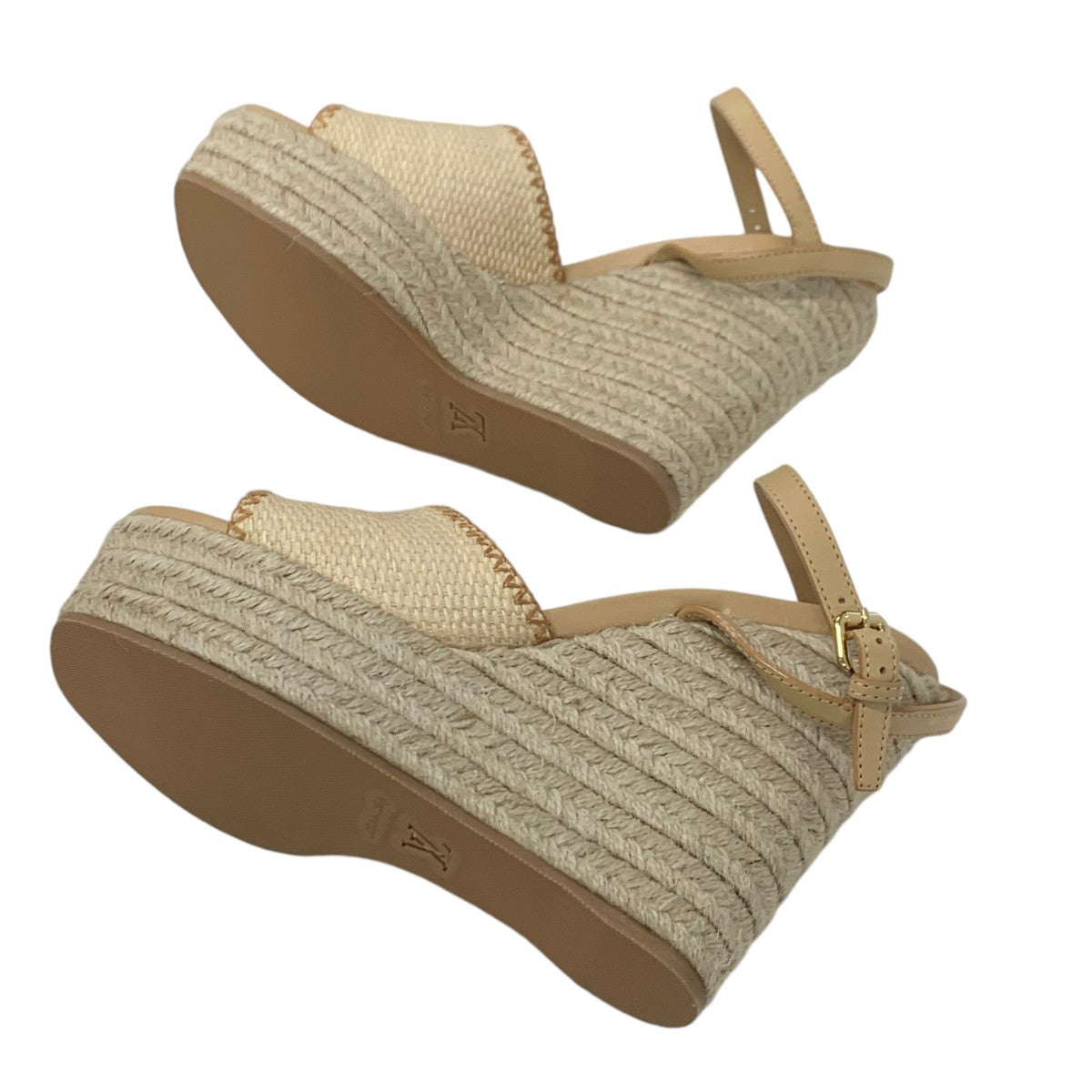 ルイヴィトン LOUIS VUITTON ヘリオスライン サンダル 靴 シューズ ラフィア レザー ベージュ 未使用 ロゴ ウエッジソール アンクルストラップ