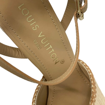 ルイヴィトン LOUIS VUITTON ヘリオスライン サンダル 靴 シューズ ラフィア レザー ベージュ 未使用 ロゴ ウエッジソール アンクルストラップ