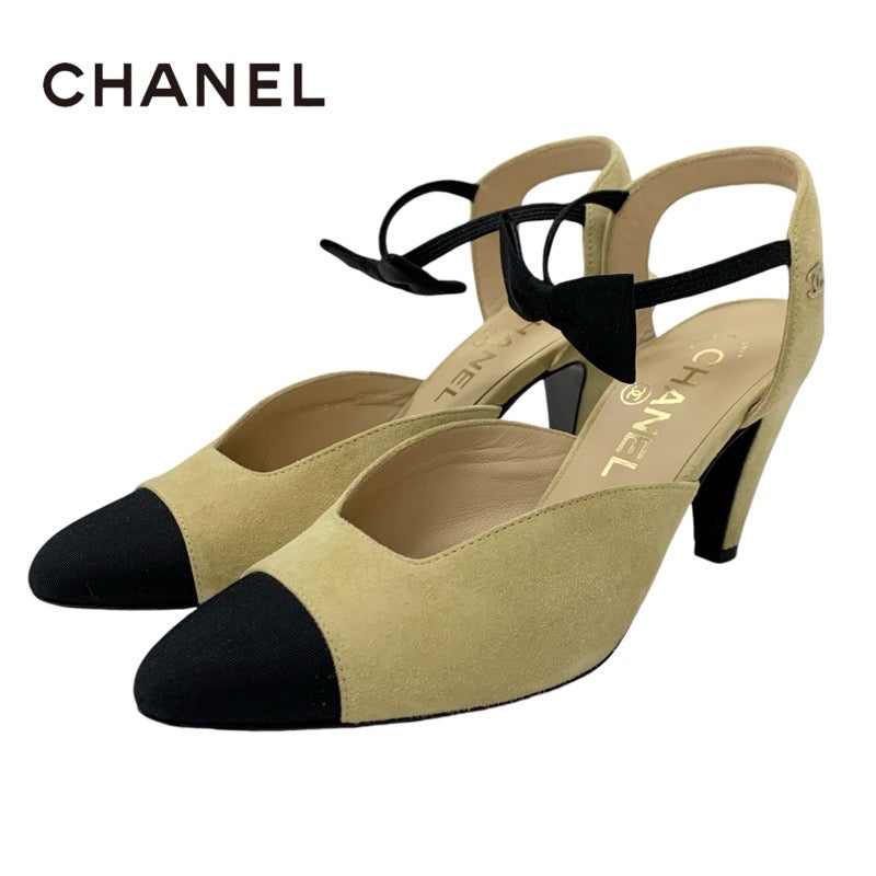 Chanel CHANEL pumps, shoes, suede, fabric, beige, black, ribbon, coco mark