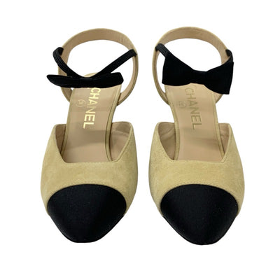 Chanel CHANEL pumps, shoes, suede, fabric, beige, black, ribbon, coco mark