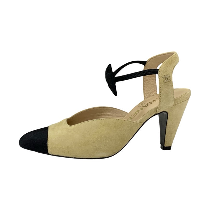 Chanel CHANEL pumps, shoes, suede, fabric, beige, black, ribbon, coco mark