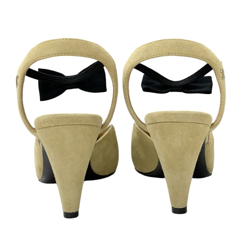 Chanel CHANEL pumps, shoes, suede, fabric, beige, black, ribbon, coco mark