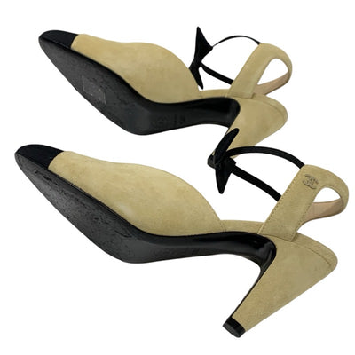 Chanel CHANEL pumps, shoes, suede, fabric, beige, black, ribbon, coco mark