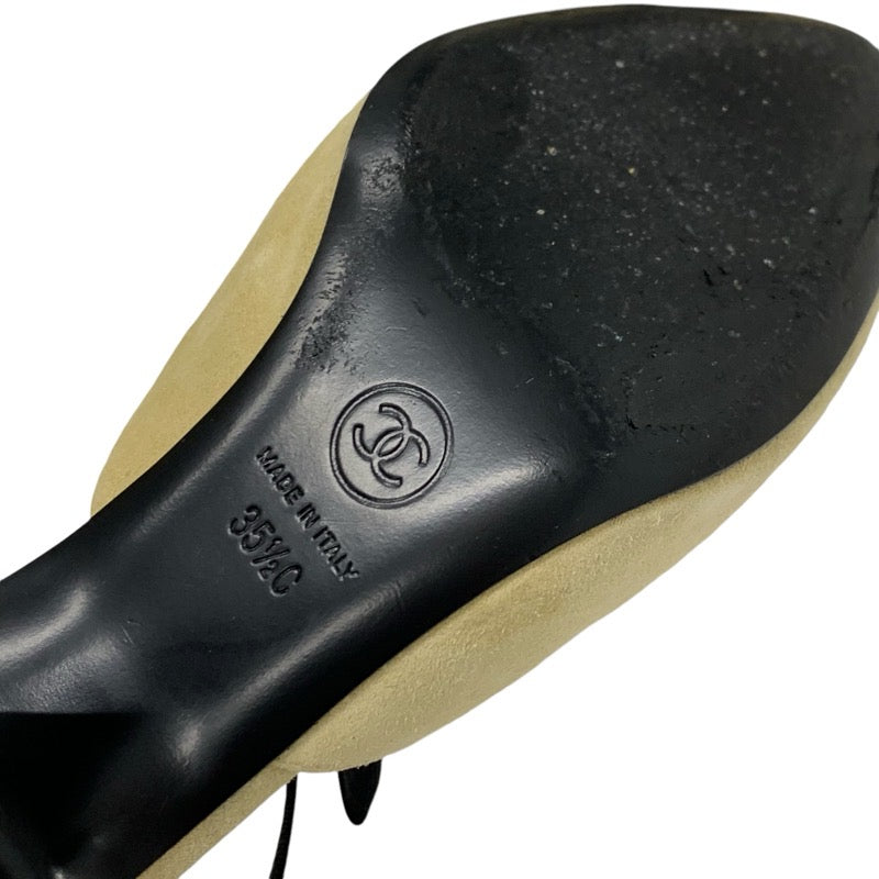 Chanel CHANEL pumps, shoes, suede, fabric, beige, black, ribbon, coco mark