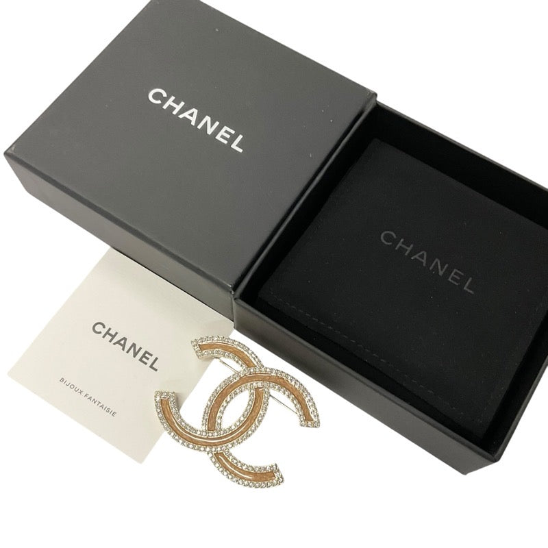 シャネル CHANEL ブローチ コサージュ ゴールド ココマーク ラインストーン ウッド調