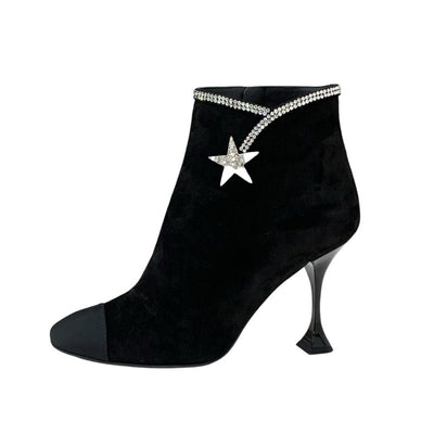 Chanel CHANEL boots, short boots, shoes, suede fabric, black, rhinestone star