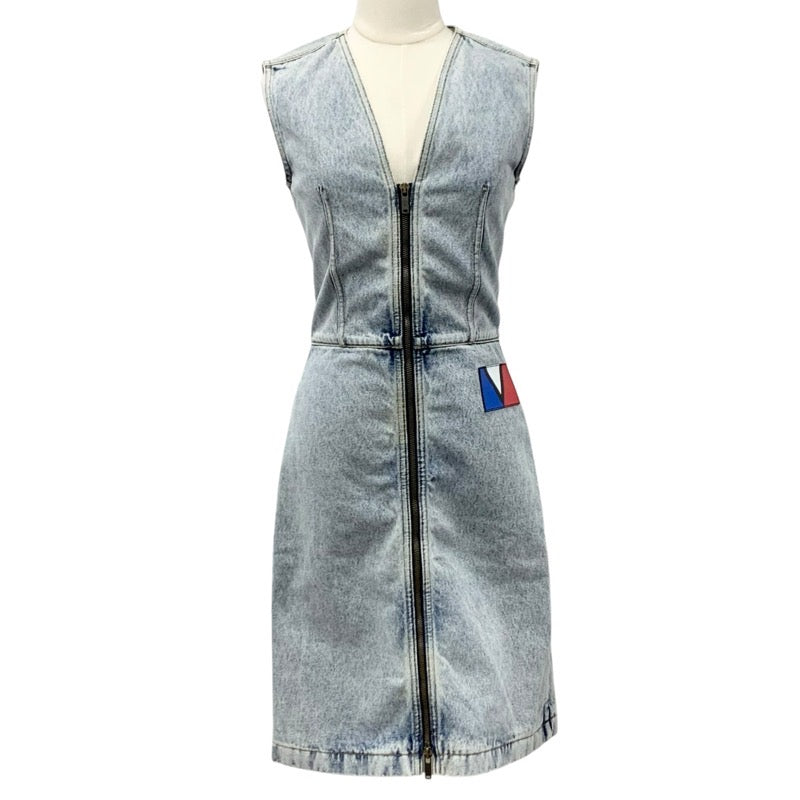 ルイヴィトン LOUIS VUITTON ワンピース コットン ブルー ノースリーブ ブリーチドデニムジップアップドレス ワッペン