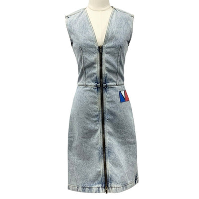 ルイヴィトン LOUIS VUITTON ワンピース コットン ブルー ノースリーブ ブリーチドデニムジップアップドレス ワッペン