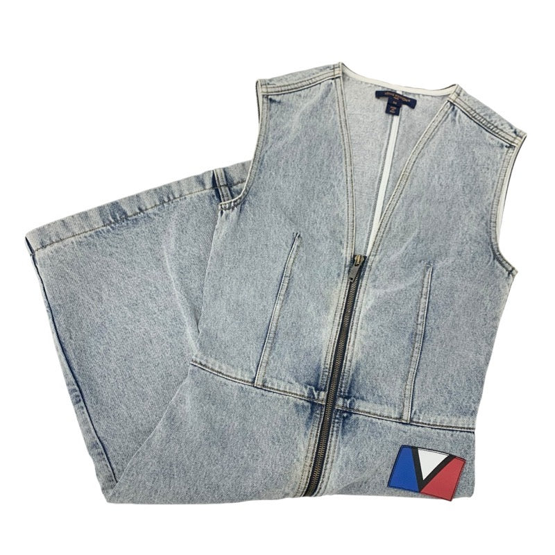 ルイヴィトン LOUIS VUITTON ワンピース コットン ブルー ノースリーブ ブリーチドデニムジップアップドレス ワッペン