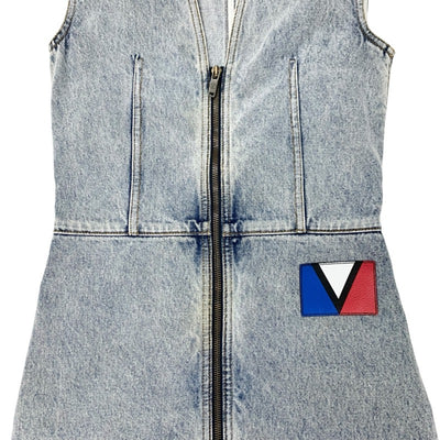 ルイヴィトン LOUIS VUITTON ワンピース コットン ブルー ノースリーブ ブリーチドデニムジップアップドレス ワッペン