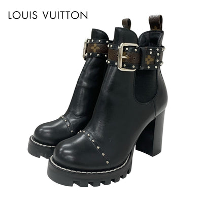 LOUIS VUITTON Star Trail Line Monogram Boots Short Boots Shoes Leather Black Brown Ankle Boots Lace-up Side Gore Studded Belt