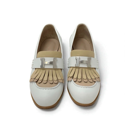 エルメス HERMES エリゼ パンプス 靴 シューズ レザー ホワイト ベージュ シルバー H金具 フリンジ ヒールローファー