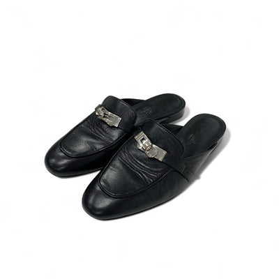 エルメス HERMES オズ フラットシューズ 靴 シューズ レザー ブラック 黒 シルバー ケリー金具 ミュール