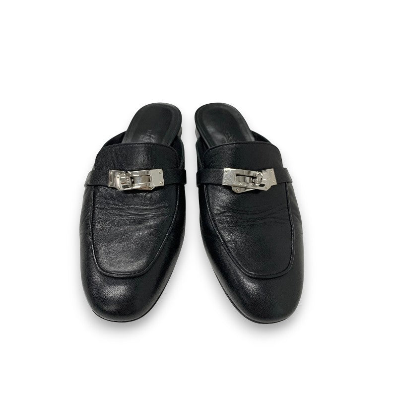 エルメス HERMES オズ フラットシューズ 靴 シューズ レザー ブラック 黒 シルバー ケリー金具 ミュール