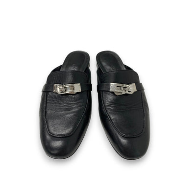 エルメス HERMES オズ フラットシューズ 靴 シューズ レザー ブラック 黒 シルバー ケリー金具 ミュール