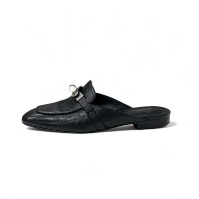 エルメス HERMES オズ フラットシューズ 靴 シューズ レザー ブラック 黒 シルバー ケリー金具 ミュール