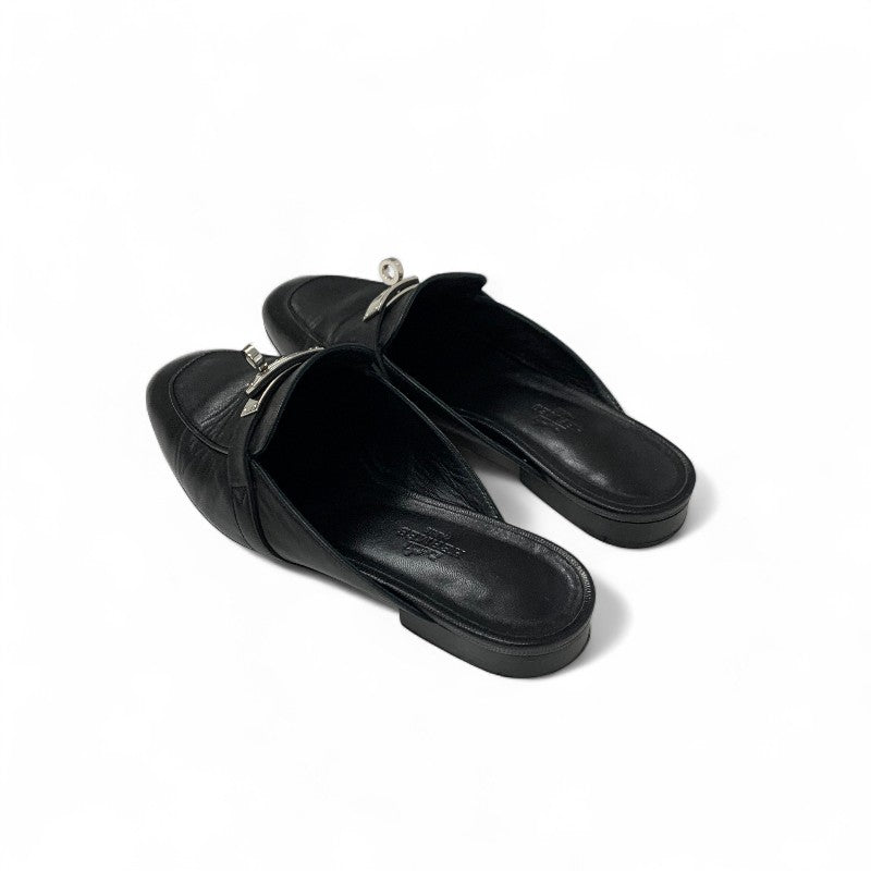 エルメス HERMES オズ フラットシューズ 靴 シューズ レザー ブラック 黒 シルバー ケリー金具 ミュール